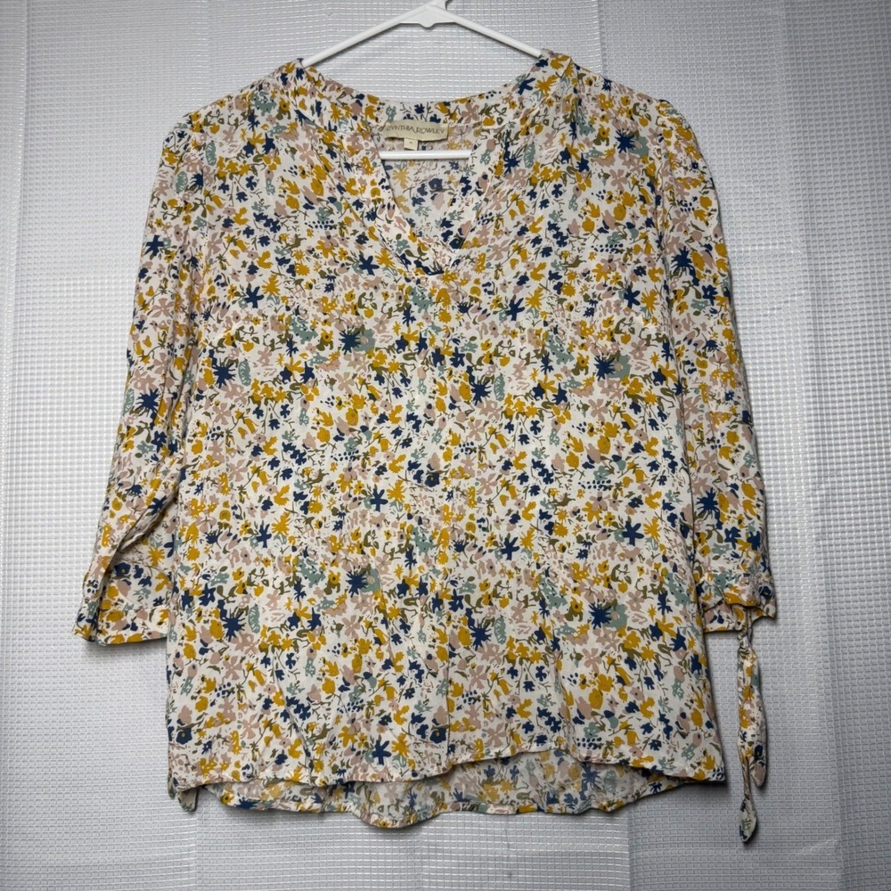 Cynthia Rowley Floral V-Neck Blouse S Multicolor Tie Sleeve‎ Rayon